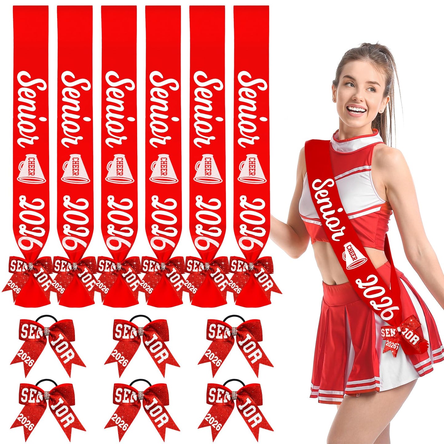 Vinsatin 6 Set Senior Sash 2026 Sport Satin Sash Glitter Cheer Hair Bow Senior Night Decor Cheerleader Gift Girl(Red)