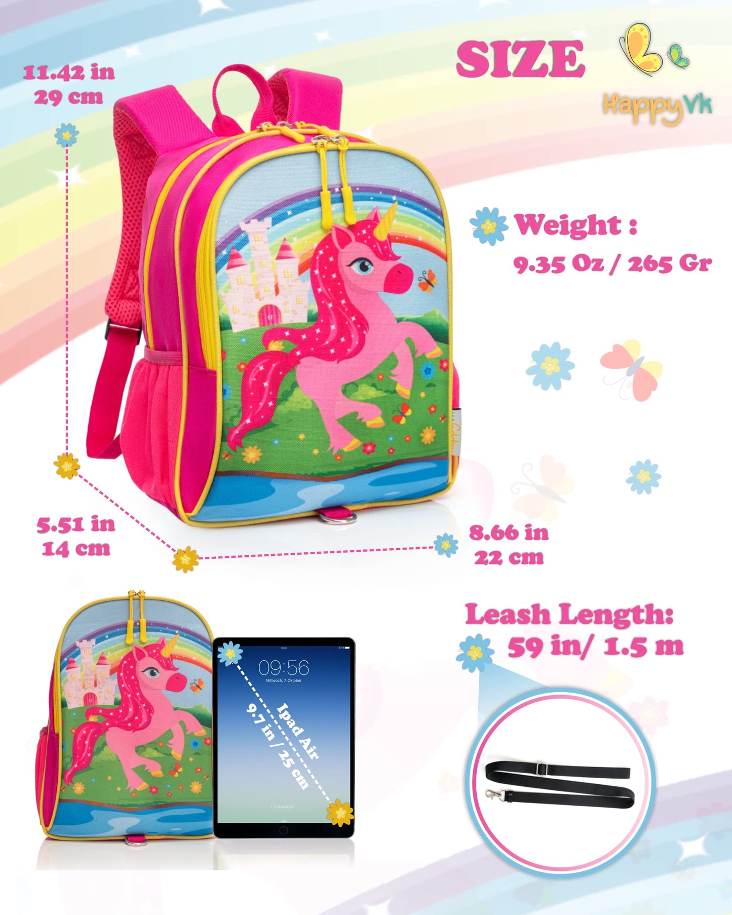 Happyvk Backpack With Leash For Kids-Anti Lost Walking Toddler Leash-Unicorn Design-For 1-4 Years Old Girls