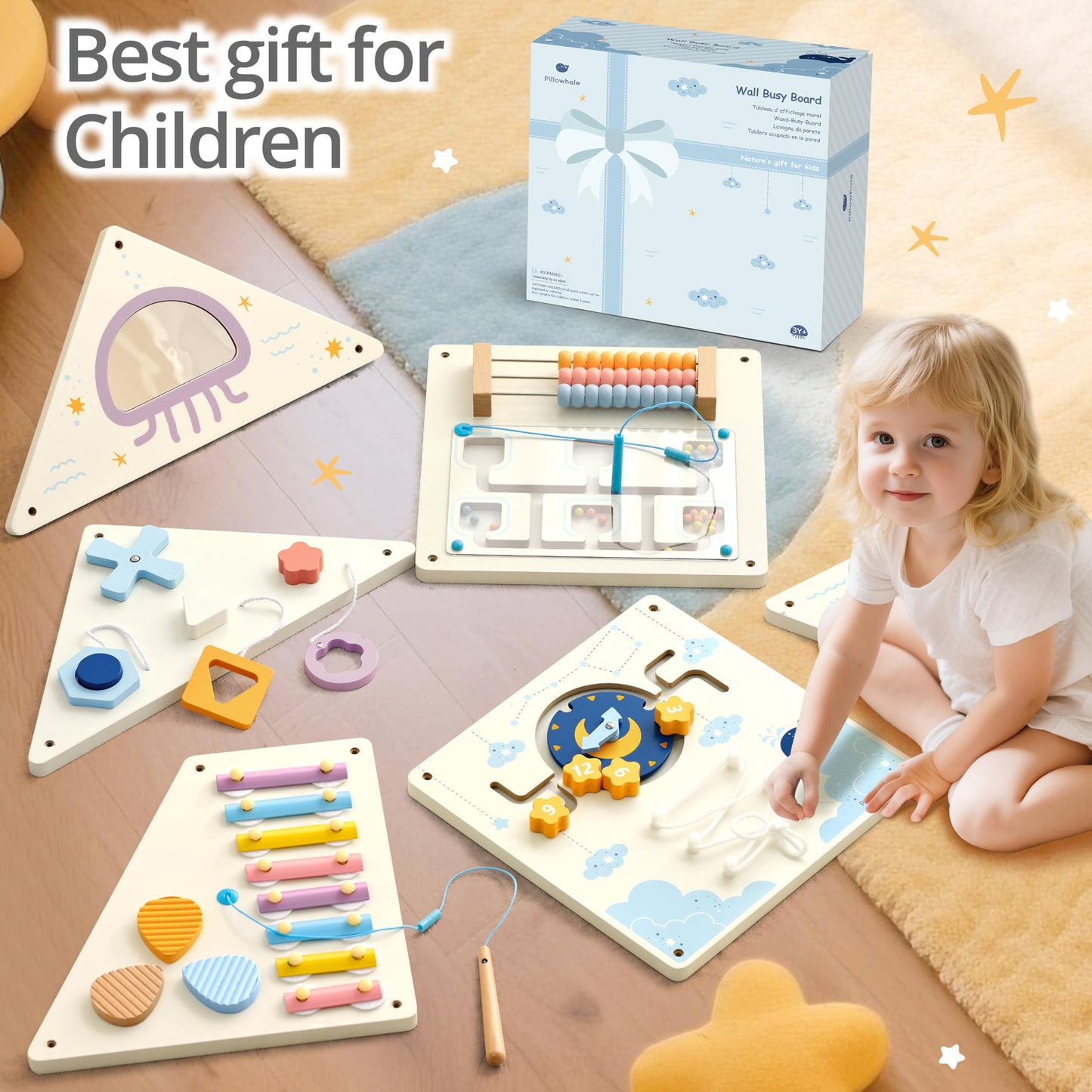 Pillowhale Tangram Activity Wall Busy Board Panels, 12-in-1 Learning Activity Center, Wooden Montessori Sensory Toys for Toddler