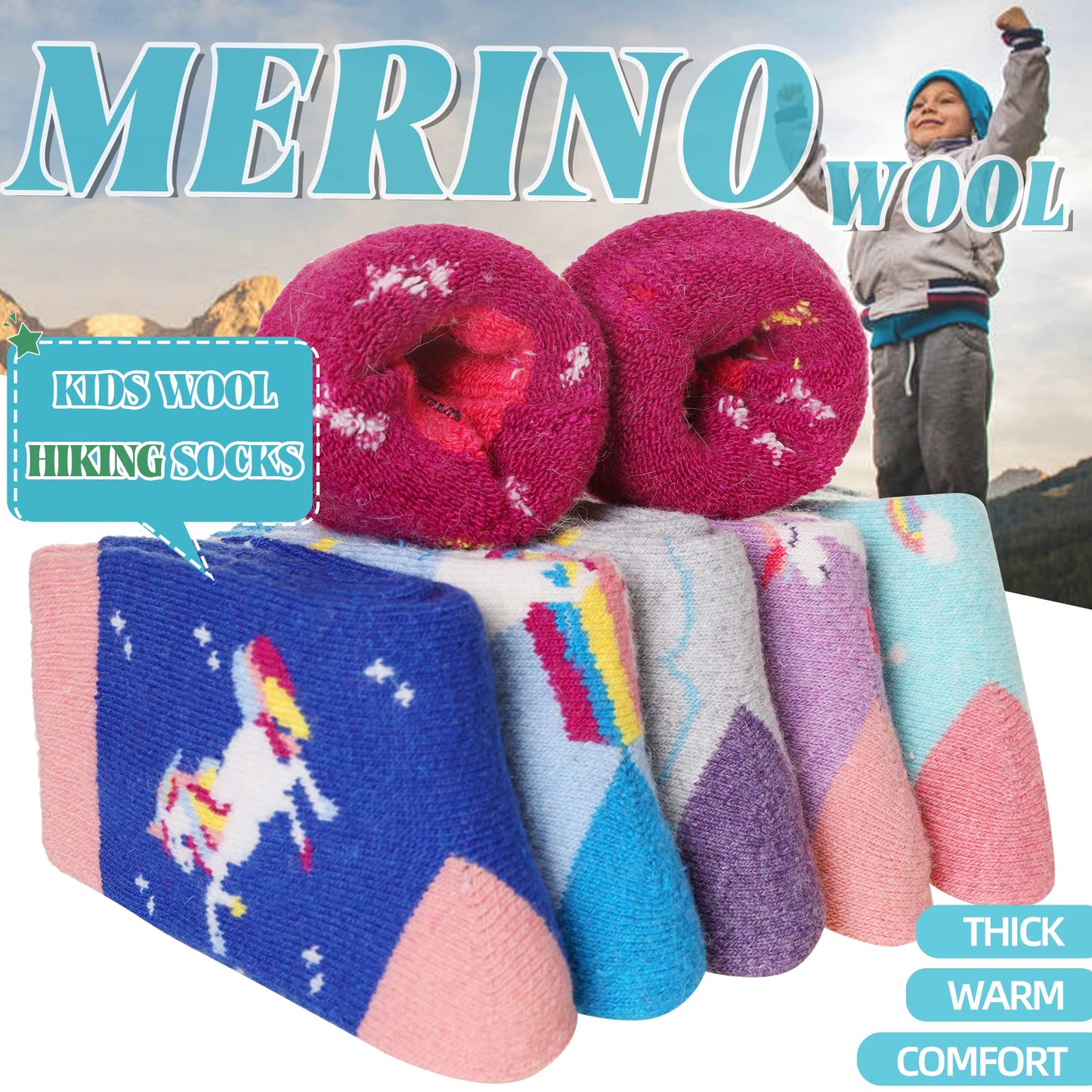 Eocom 6 Pairs Children'S Winter Warm Wool Socks Kids Toddlers Boys Girls Thermal Thick Boot Cozy Crew Socks (8-12 Years, Unicorn