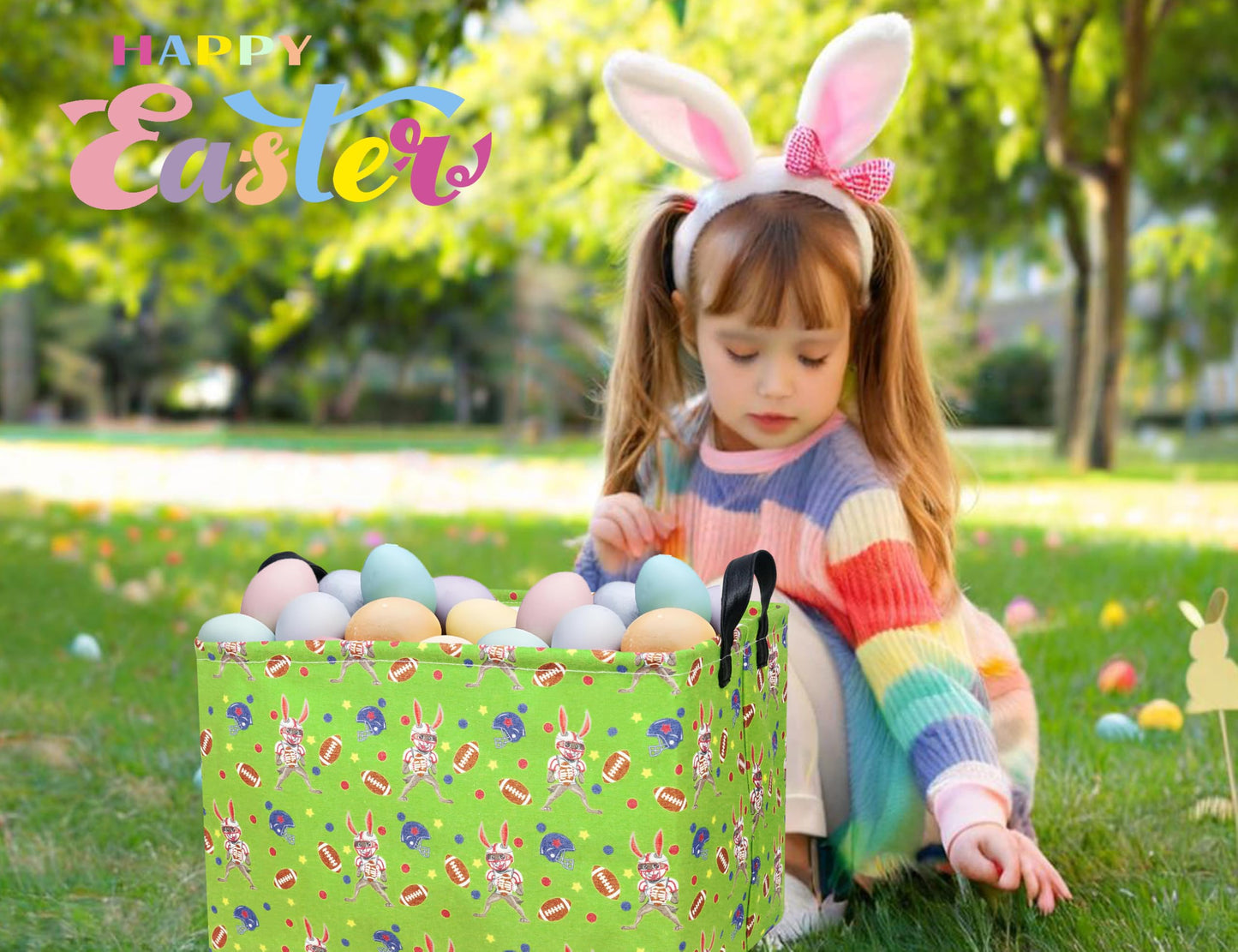 Boohit Large Football Easter Baskets For Kids Personalized Baby Easter Basket Blueteen Boy Spring Decor (Rugby Bunny)