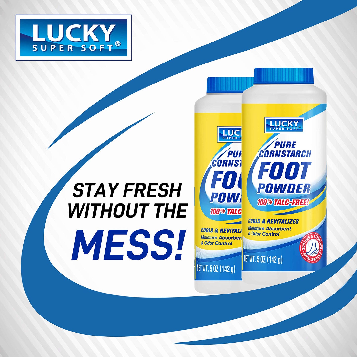 Lucky Super Soft Cornstarch Foot Powder, Talc-Free, Moisture Absorbing Odor Fighting Formula, Natural Protection Against Chafing