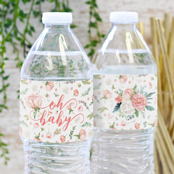 Baby In Bloom Baby Shower Water Bottle Labels, 24 Waterproof Stickers For Pink Floral Boho Girl Baby Shower