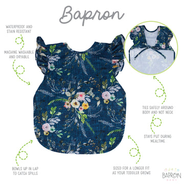 Bapronbaby Flutter Boho Floral Bapron - No Neck Tie Safer Bib For Baby & Toddler - Soft Waterproof Stain Resistant - Machine Was