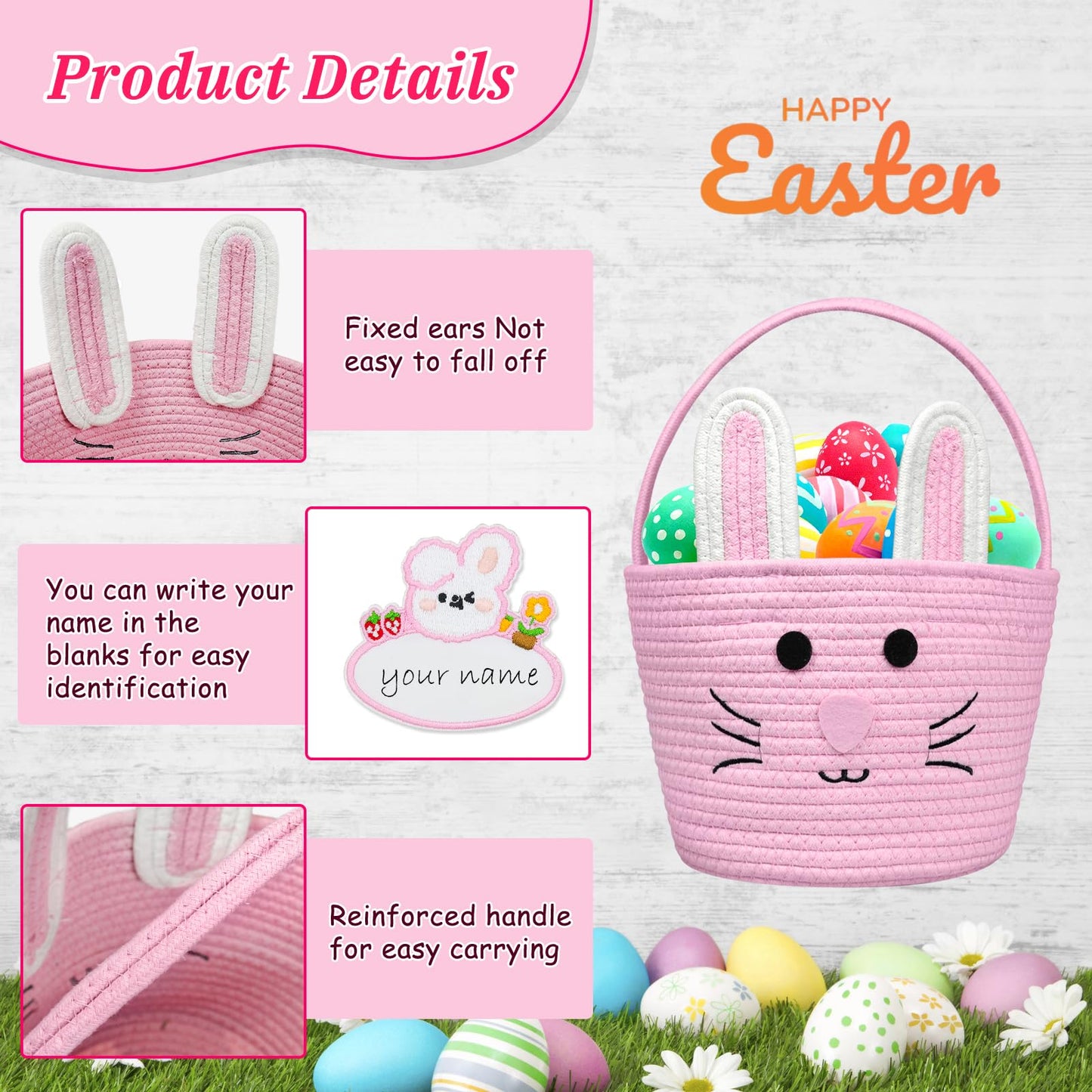Brbecon Easter Bunny Basket For Kids With Name Tag, Pink Small Woven Easter Basket For Girls, Easter Egg Hunt Baskets Bags Easte
