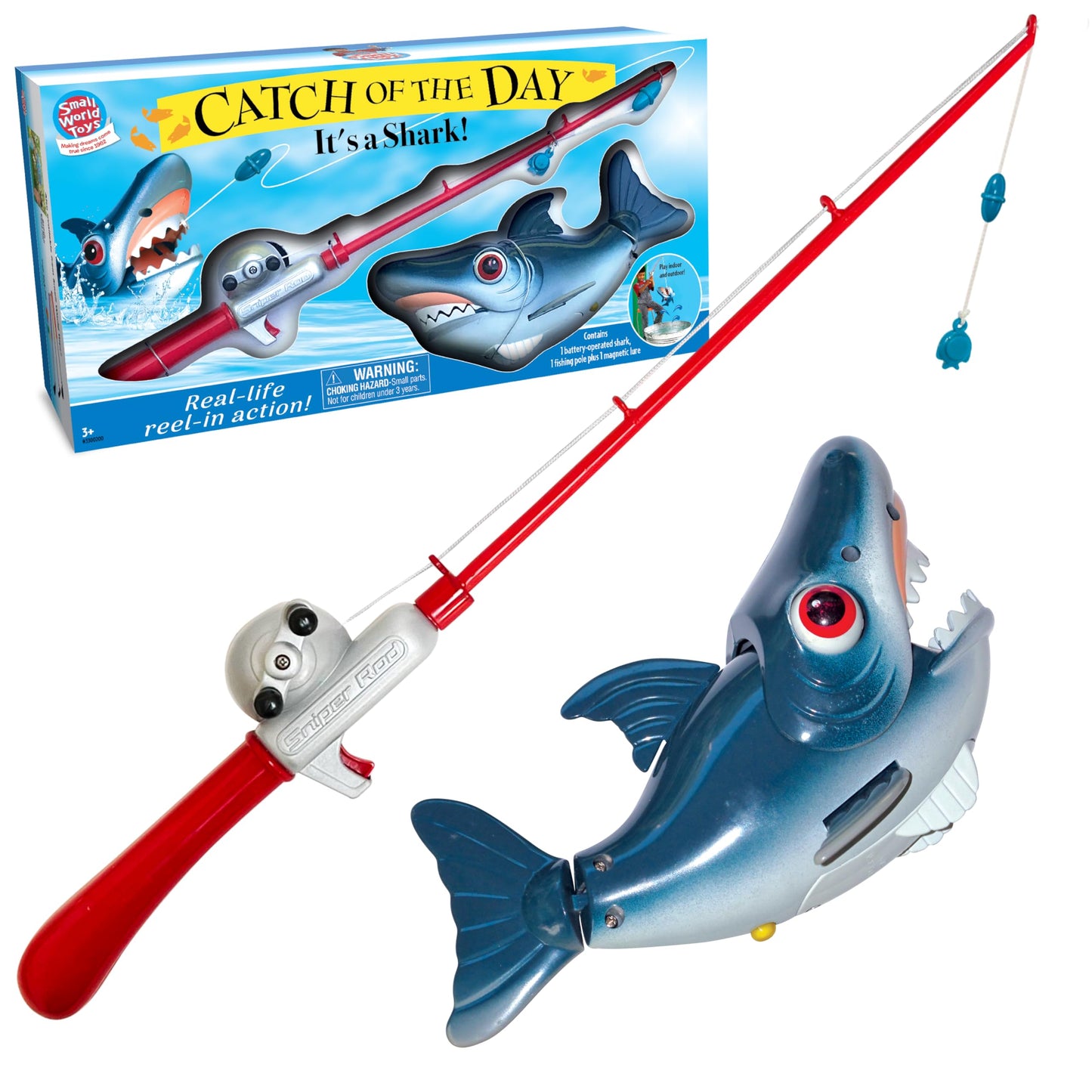 Small World Toys Magnetic Fishing Game, Catch of The Day Shark Fishing Toy for Kids Ages 3+, Includes Kids Fishing Pole and 1 Sh