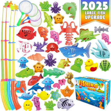 CozyBomB Magnetic Fishing Toys Game Set for Kids | Water Table Bathtub Kiddie Pool Party & Pole Rod Net, Plastic Floating Fish T