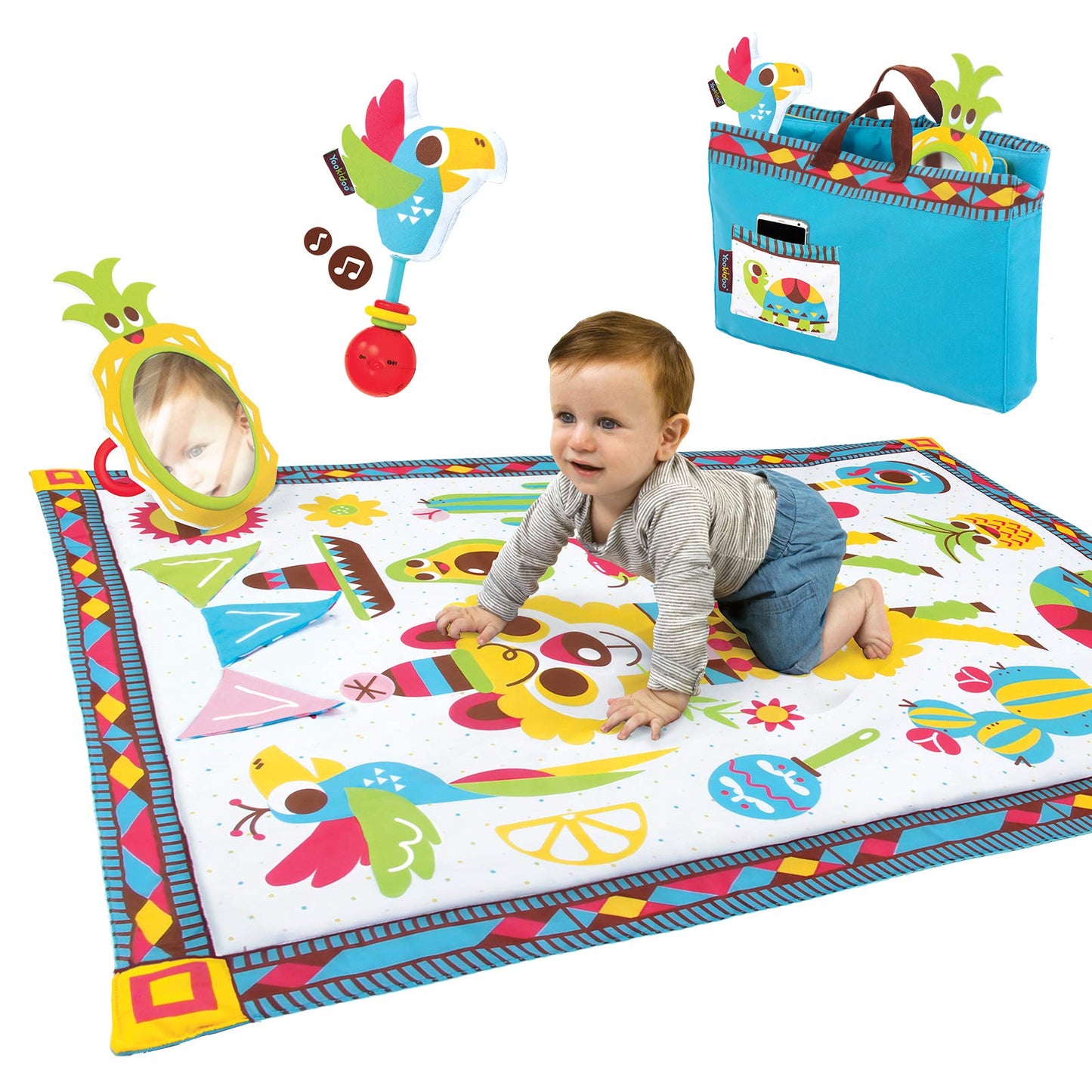 Yookidoo Fiesta Baby Tummy Time Mat Folds As Carrying Bag Indoor & Outdoor Activity Play Gym With Mirror, Rattle & Teether Extra