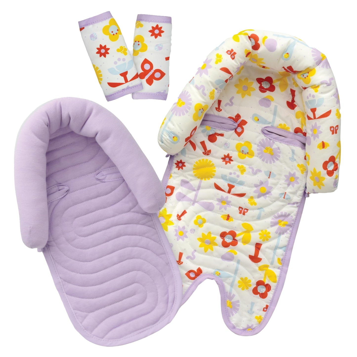 GoldBug Deluxe Duo Car Seat Head Support + Matching Strap Covers for Baby and Infant - Backyard Bugs