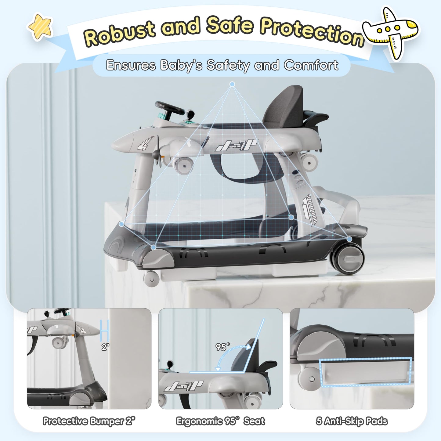 Xilingol 6-In-1 Baby Walker With Adjustable Speed Wheels, Adjustable Height Activity Walker With Padded Seat, Foldable Walker Fo