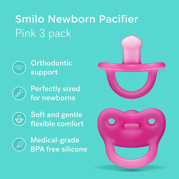 Smilo Newborn Baby Pacifier - 3 Pack Of Orthodontic Pacifiers For Babies From 0-2 Months - Expands To Support The Palate During