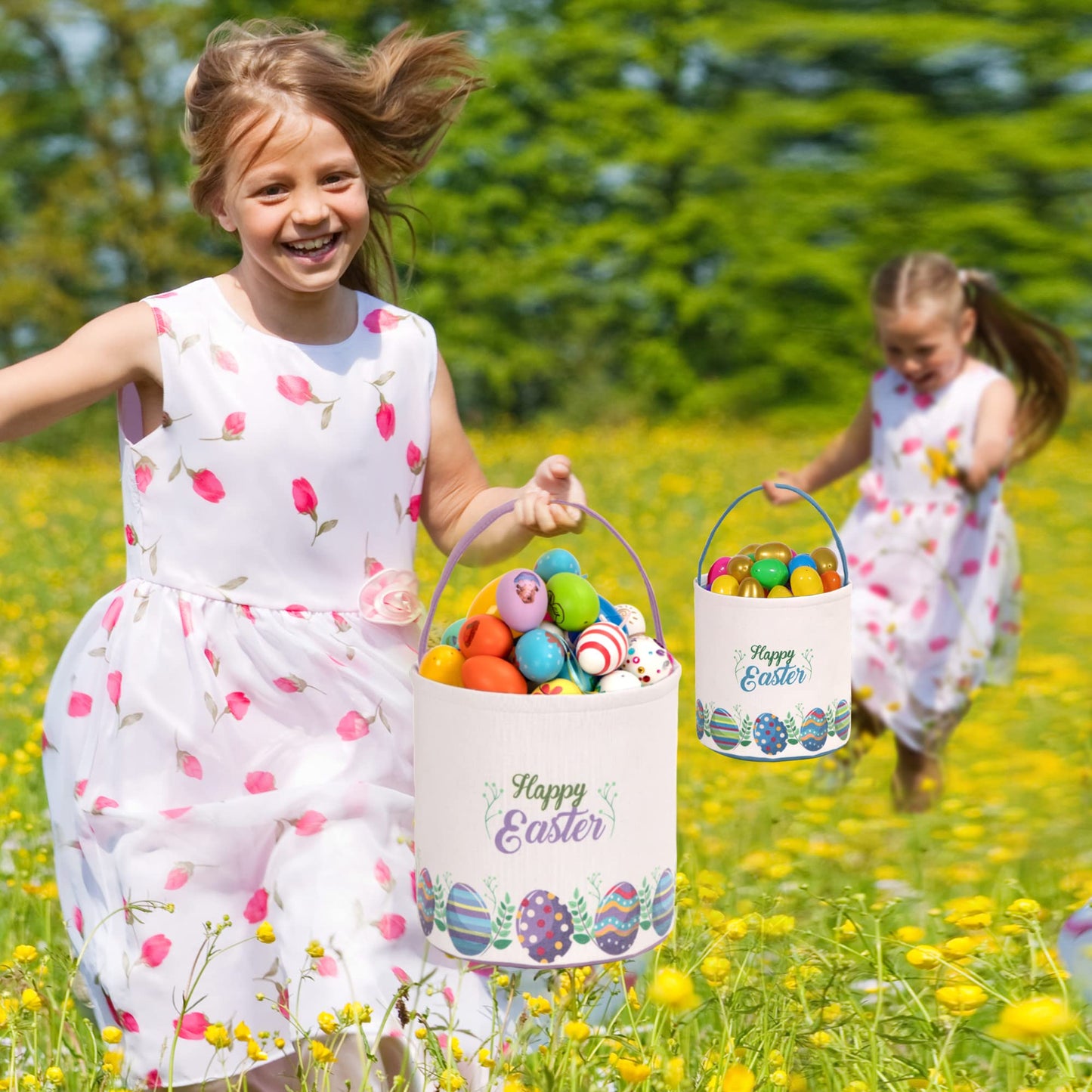 Lessmo 2 Pcs Easter Bunny Basket Easter Egg Buckets Gifts Tote Bags, Canvas Cotton Blue Purple Cute Personalized Egg Hunt Basket