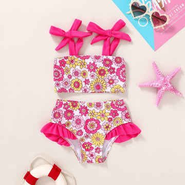 Younger Tree Toddler Girls Two Pieces Swimsuit Color Block Stripe Swimwear Summer Beach Bathing Suit 18M-5T(Roseo#Flower 12-18 M