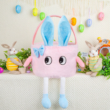 Plush Easter Basket, Soft Pink Basket With Bunny Ears, Easter Tote Bags Bunny Easter Baskets For Easter Decorations, Easter Gift