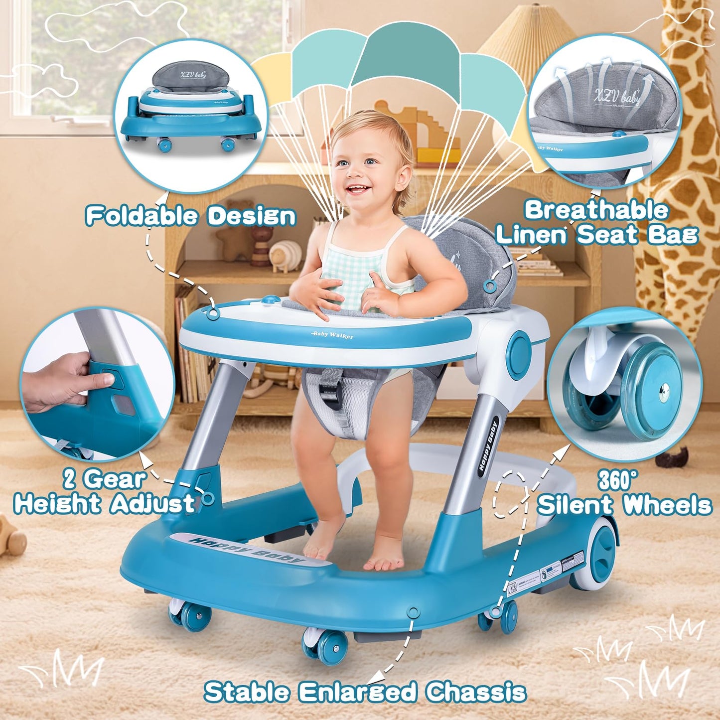 Baby Walker With Wheels 4 In 1 Foldable Activity Center With Mute Wheels Adjustable Heights Anti-Fall Activity Center For Boys G