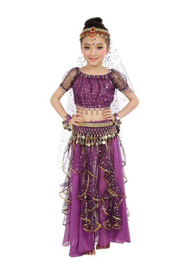 Girls Belly Dance Top Skirt Set Halloween Costume With Head Veil,Waist Chain Purple