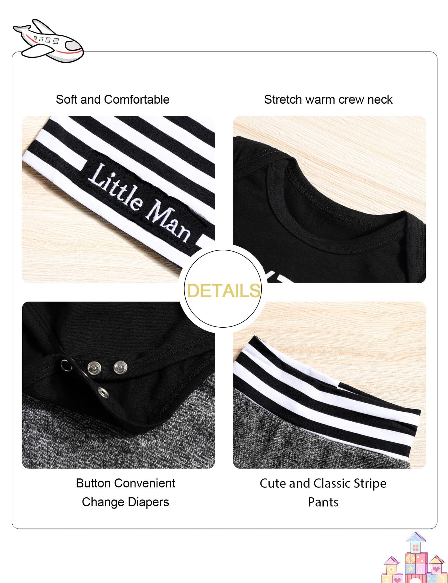 Baby Boy Clothes 0-3 Months Infant Outfits New To The Crew Long Sleeve Romper+ Little Man Pants+ Striped Hat 3Pcs Baby Boy Fall