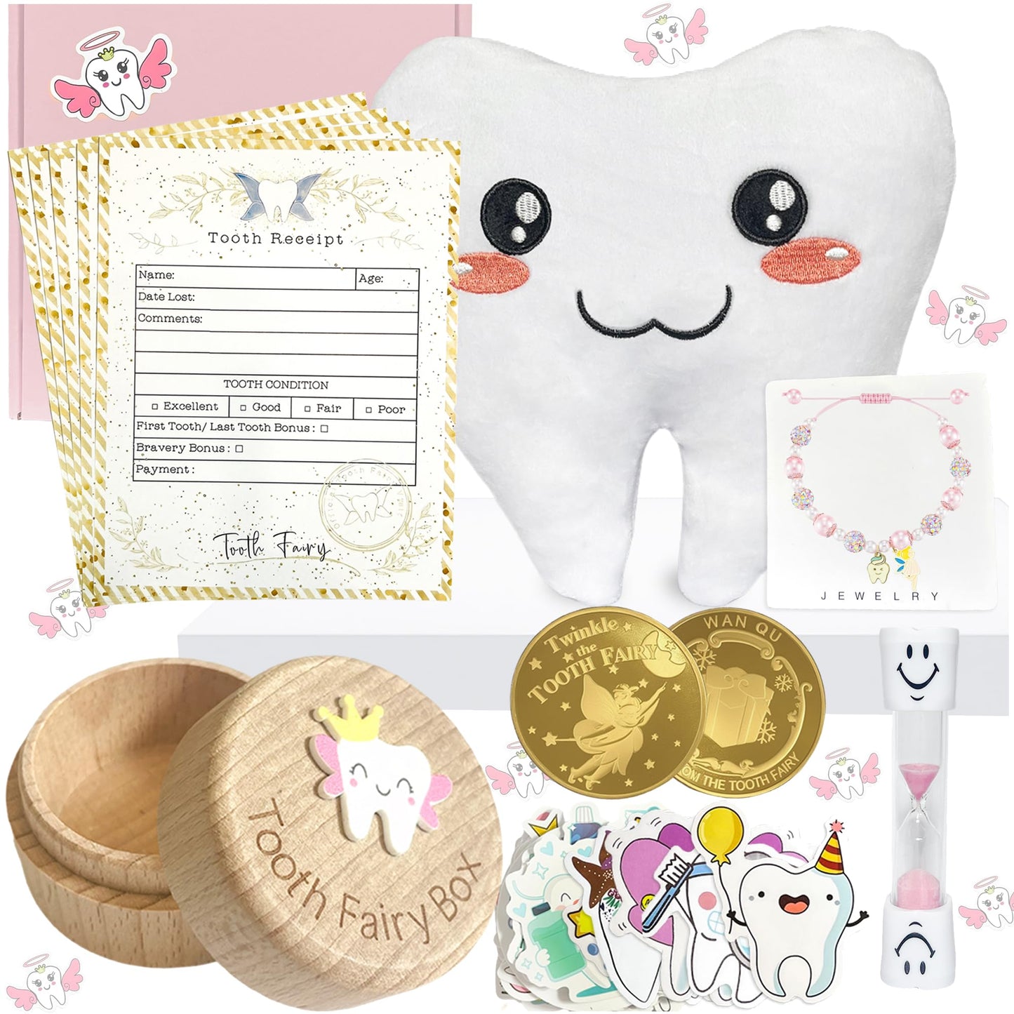 AMIDA 8pcs Tooth Fairy Gifts for Girls, Tooth Pillow Kit Including Toothfairy Box, Tooth Fairy Receipt Kits, 2 Golden Coins, Bru