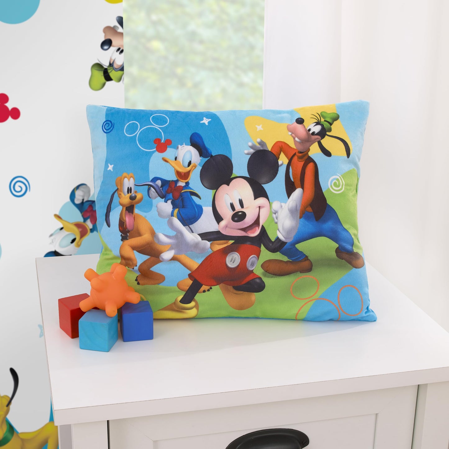 Disney Mickey Mouse Blue, Red, And Green, Donald Duck, Pluto, And Goofy Fun Starts Here Decorative Throw Pillow