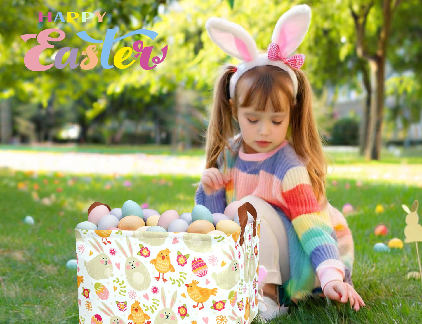 Boohit Large Easter Baskets For Kids Personalized Baby Girl Easter Basket Cute Teen Boy Spring Decor (Bunny Yellow Chicken)