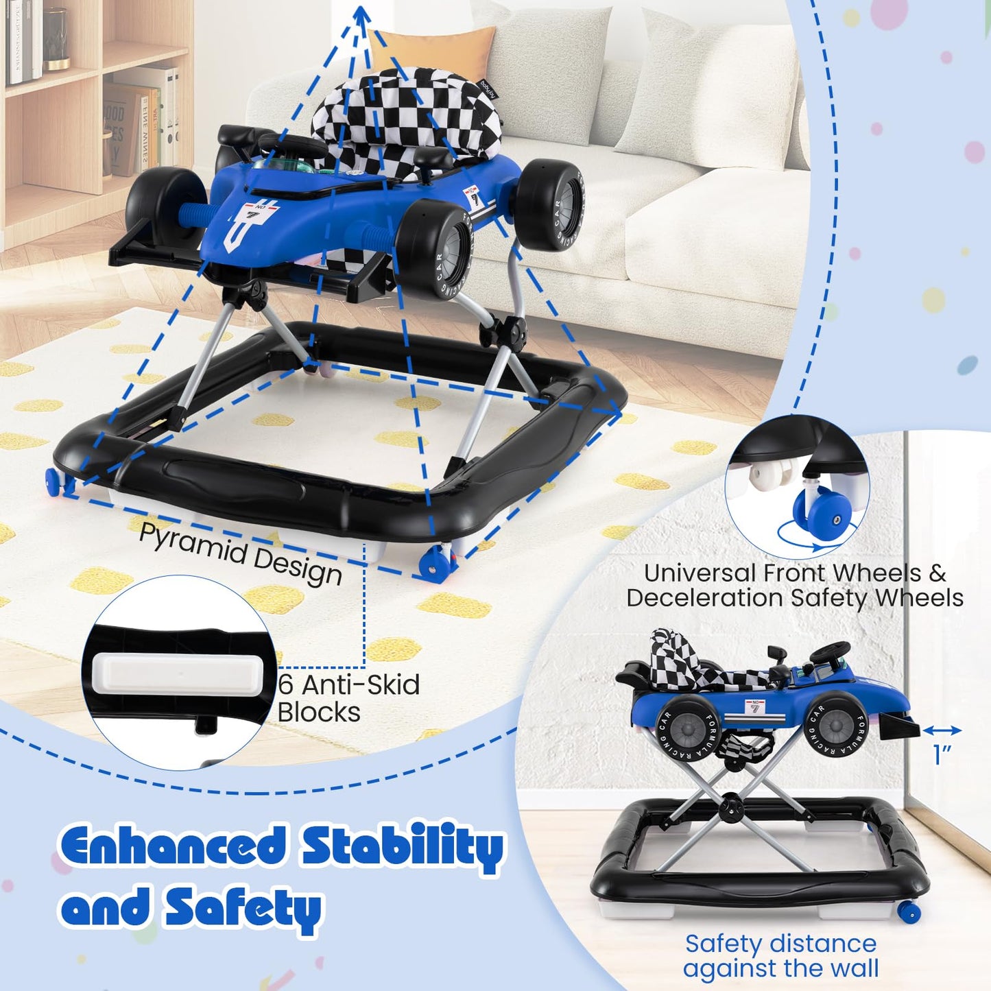 Honey Joy Baby Walker, 4-In-1 Foldable Infant Activity Push Walker, Toddler Car Walker With Adjustable Heights, Music, Lights, P