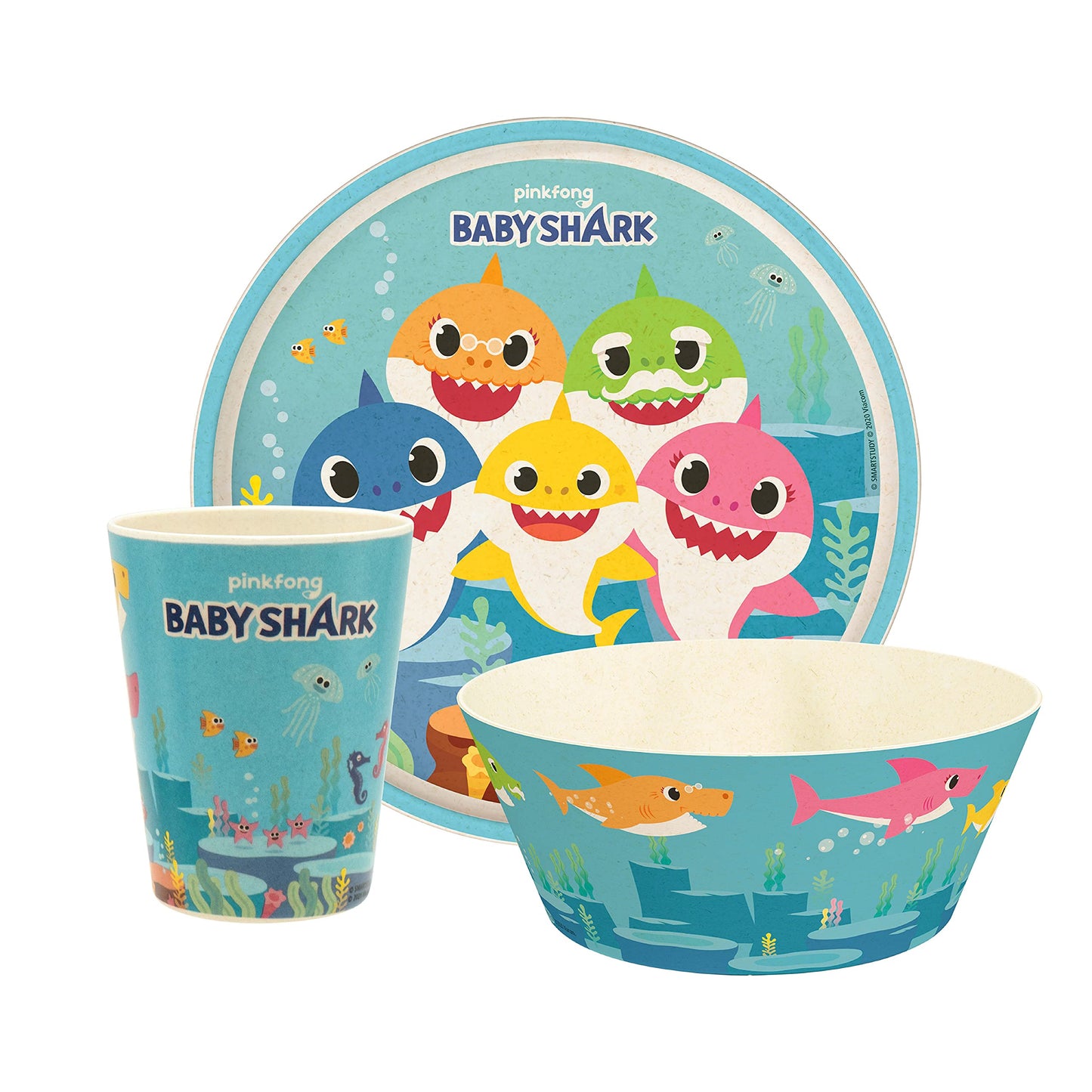 Zak Designs Baby Shark Dinnerware Set for Kids Includes 8 Plate, 6 Bowl, and 10oz Tumbler, Durable and Sustainable Melamine Bamb