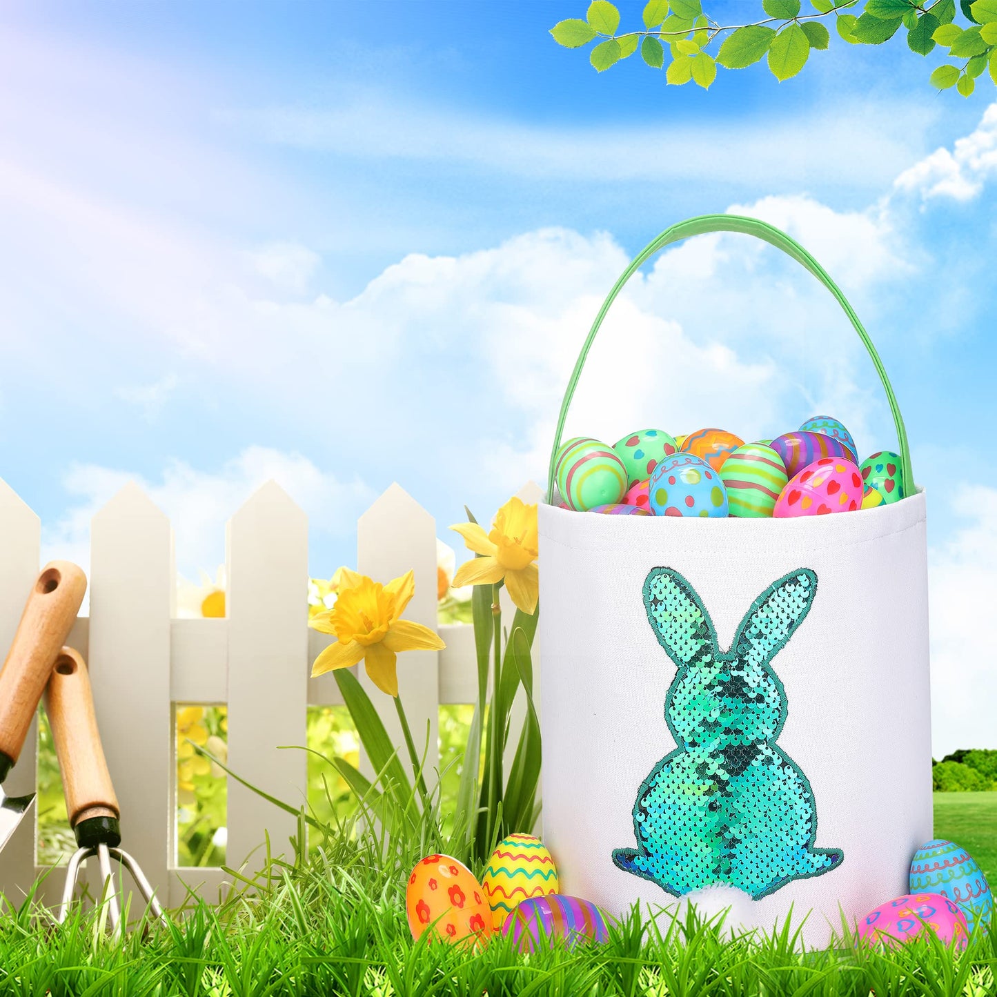 Easter Baskets For Kids - Boys And Girls Easter Egg Hunt Baskets, Cute Sequin Rabbit Bunny Printed Canvas Gift Basket For Baby,