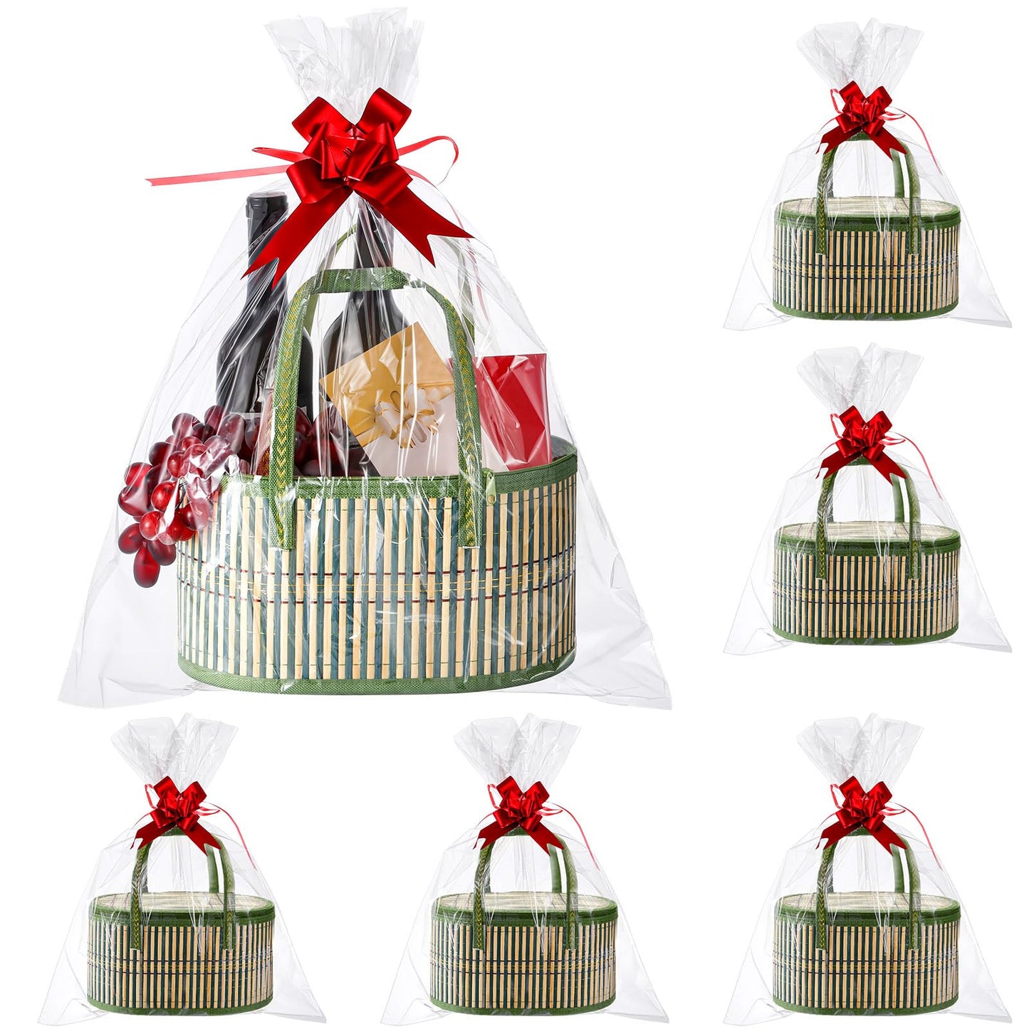 Tioncy 6 Set Baskets for Gifts Empty Bulk Large Woven Bamboo Gift Basket Kit with Handles, Clear Cellophane Wrap Baskets for Bab