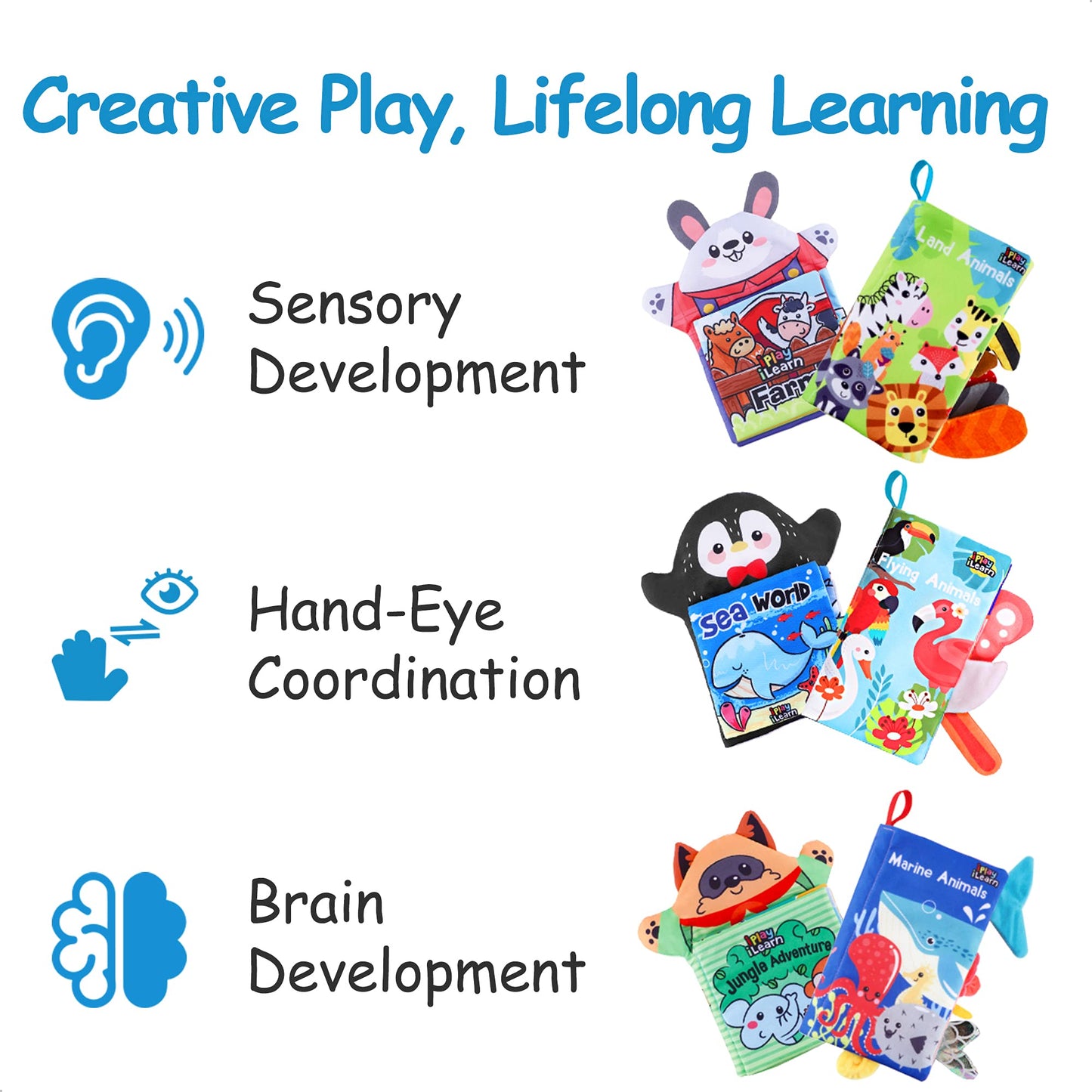 iPlay, iLearn Soft Baby Books 1 Year Old, Babies Animal Cloth Book 6-12 Month, Infant Touch Feel Crinkle Book, Toddler Carseat C