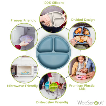 Weesprout Silicone Plates With Lids For Babies & Toddlers (3 Pack) 100% Food-Grade Dishes For Self Feeding, Divided Design & Rai