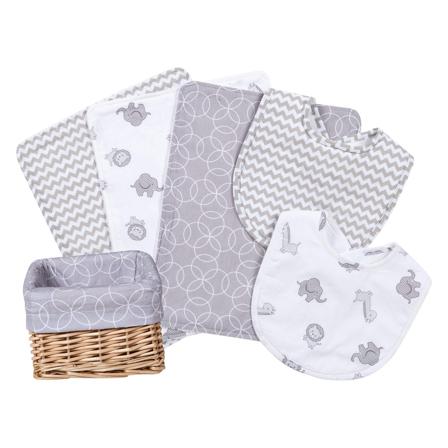 Trend Lab Safari Gray 7 Piece Feeding Basket Gift Set - 2 Deluxe Bibs, 3 Deluxe Burp Cloths, Liner, Willow Basket