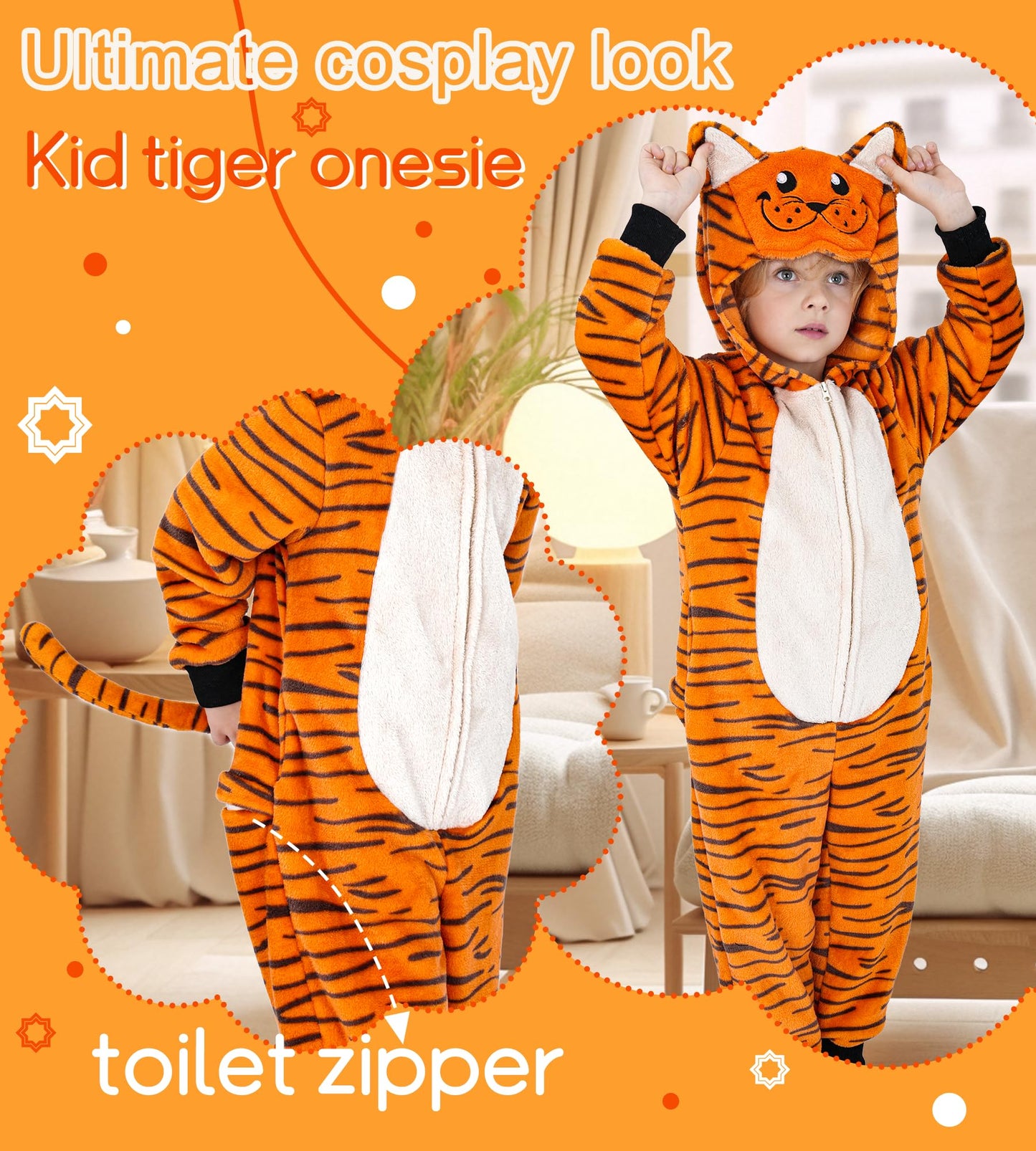 Wizland Kid Animal Onesie Tiger Outfits For Girls Boys Flanne Tiger Onesie Onepiece Holloween Costume With Tail 6-8