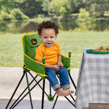 Bright Starts John Deere Pop N Dine Portable High Chair, Indoor/Outdoor, Dishwasher Safe Tray, Easy to Fold, Unisex, Green, 6 M