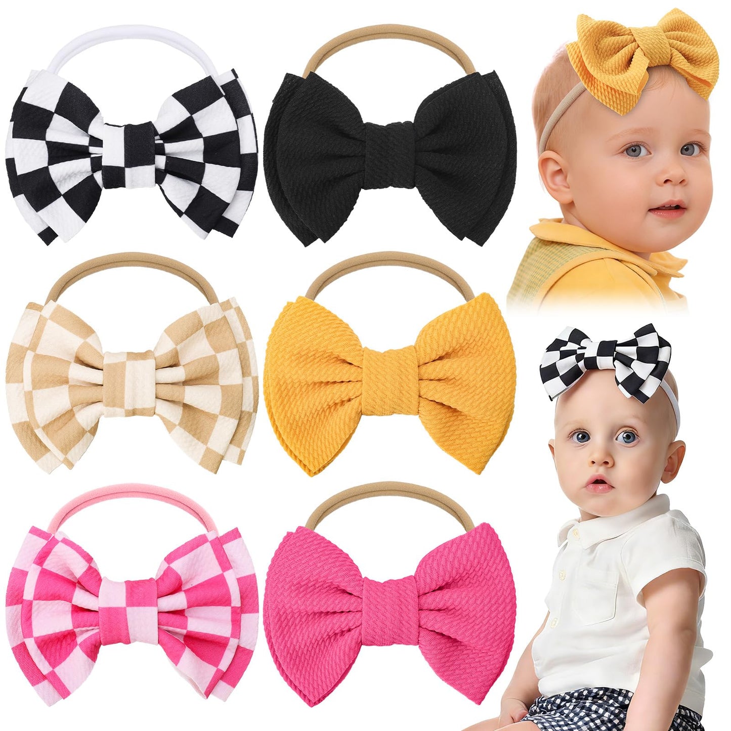 JATEBI 6 PCS Baby Girl Hair Bows Set Checkered Cow Print Bows Headbands for Girls Cowgirl Accessories Newborn Toddler Baby Outfi