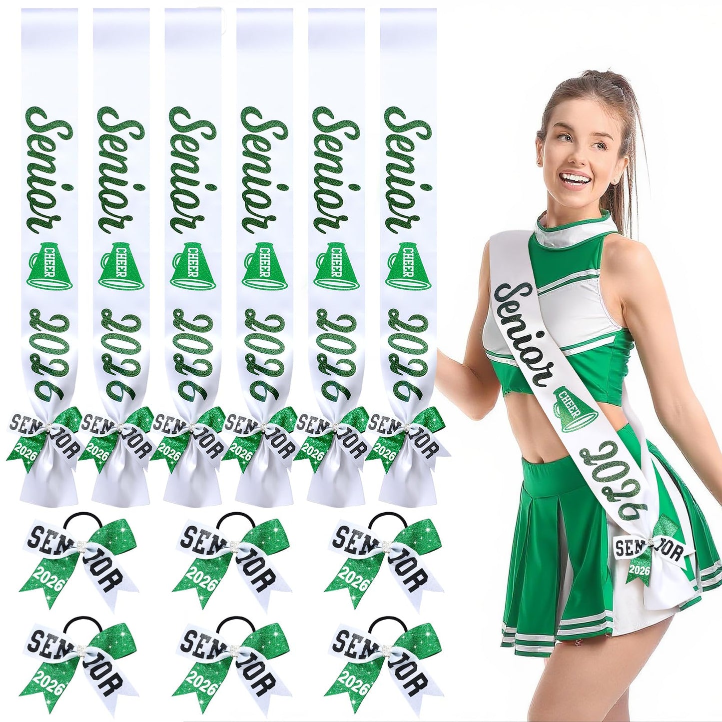 Vinsatin 6 Set Senior Sash 2026 Sport Satin Sash Glitter Cheer Hair Bow Senior Night Decor Cheerleader Gift Girl(Green)