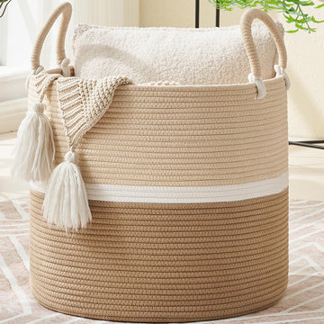 Kakamay Large Blanket Basket (18 'X18 'X16 '),Woven Baby Laundry Hamper For Storage, Cotton Rope Blankets Baskets For Nursery