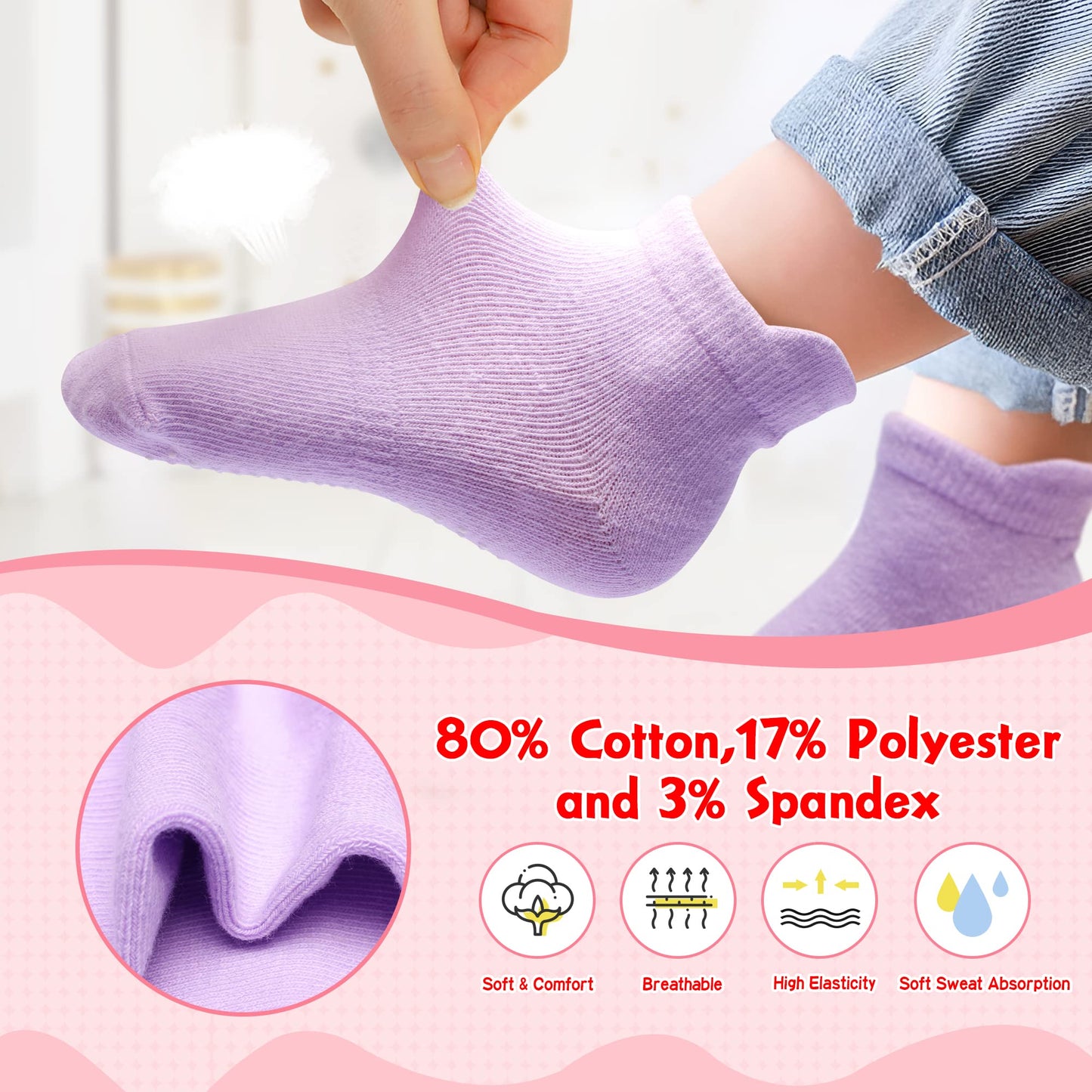 Hyzgb Toddler Socks Girls 3T-4T-5T With Grippers 12 Pairs Cotton Little Kids Non Slip Ankle Socks For Toddler Kids 3-4-5 Years O