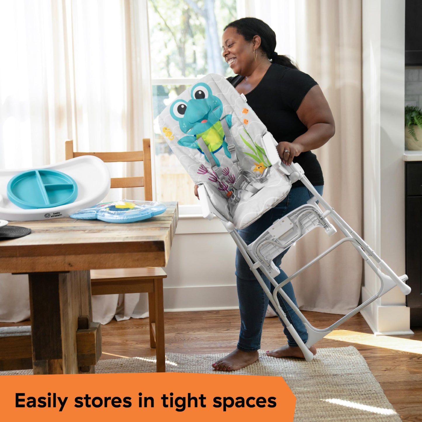 Baby Einstein Ocean Explorers Snack & Splash Compact Folding High Chair, With Water Mat, 5 Point Safety Harness, Ages 6 Months A