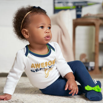 Nfl Seattle Seahawks 3 Pack Bodysuit Footed Pant And Cap Registry Gift Set, Blue/White Seattle Seahawks, 3-6M