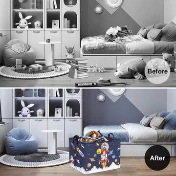 Clastyle Space Rocket Launch Storage Basket Boy Pool Beach Towel Bin Blue Planets Toy Book Shelf Basket Meteorit Rectangle Gift