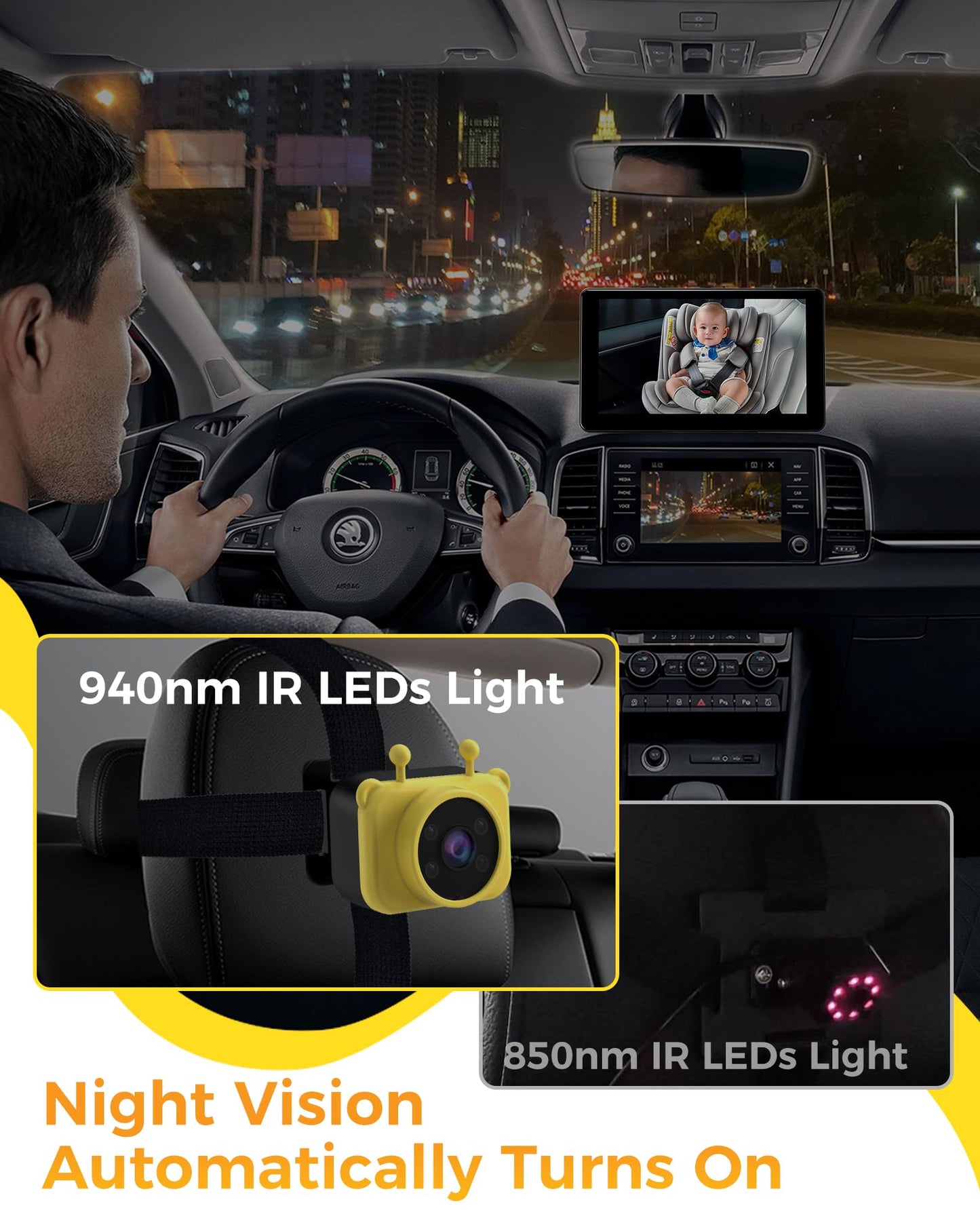 7-Inch Hd 1080P Baby Car Camera, 3X Zoom, 940Nm Night Vision, Touchscreen, Recording & Picture, Supports Tf Card (64G), Easy Ins