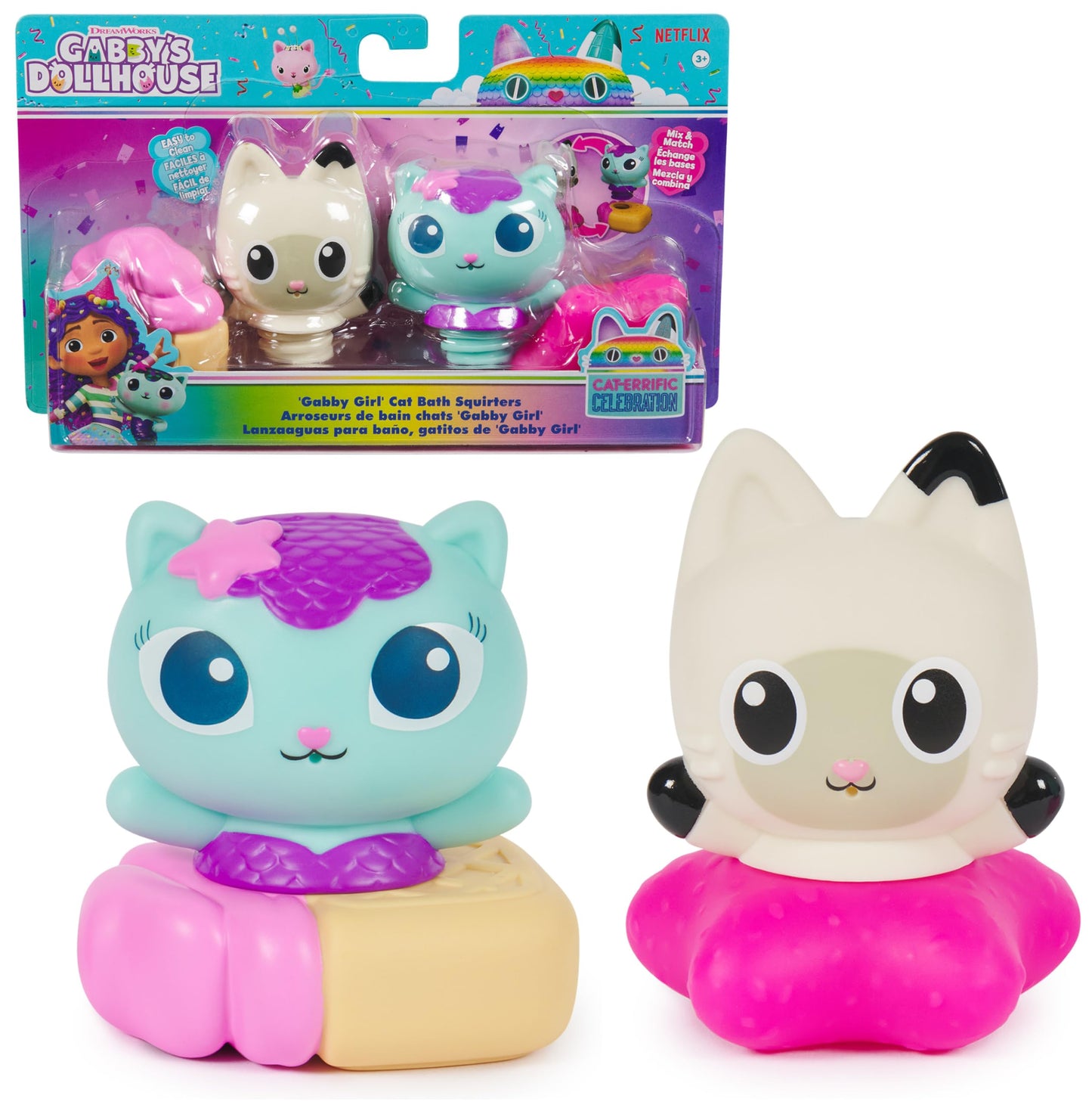 Gabbys Dollhouse: Gabby Cat Bath Squirters, Mercat & Pandy Paws Floating Toddler Bath Toys for Girls & Boys Ages 3 and up