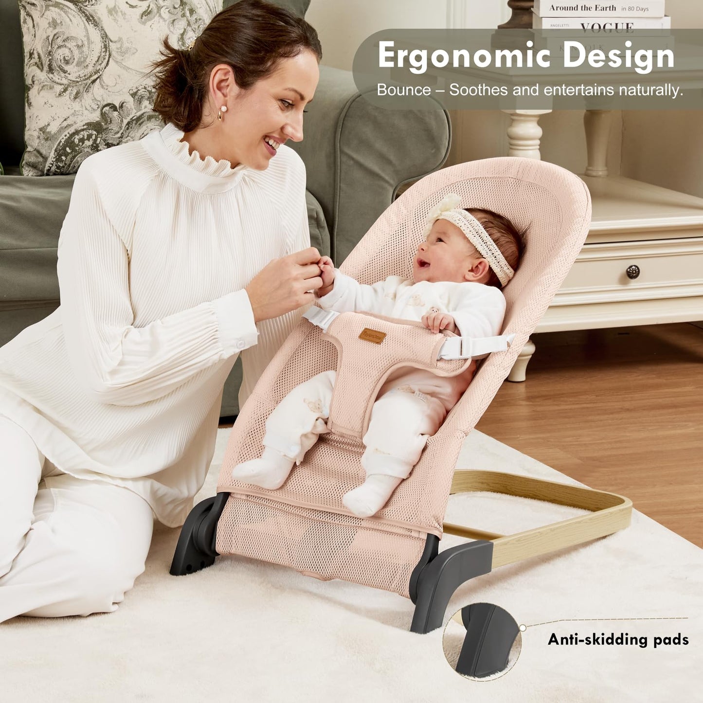 Foldable Baby Bouncer, Baby Bouncer Seat With 3 Adjustable Heights, Portable Newborn Rocker, Ergonomic Baby Bouncer Seat For Nat
