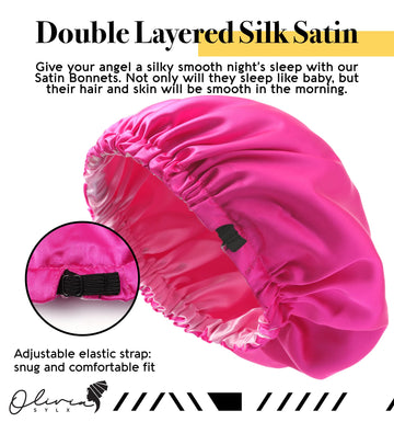 Olivia Sylx Satin & Silk Bonnet - Sleep Cap For Toddlers & Girls, Hair Cover For Sleeping - Adjustable (Hot Pink/Light Pink, 0-3