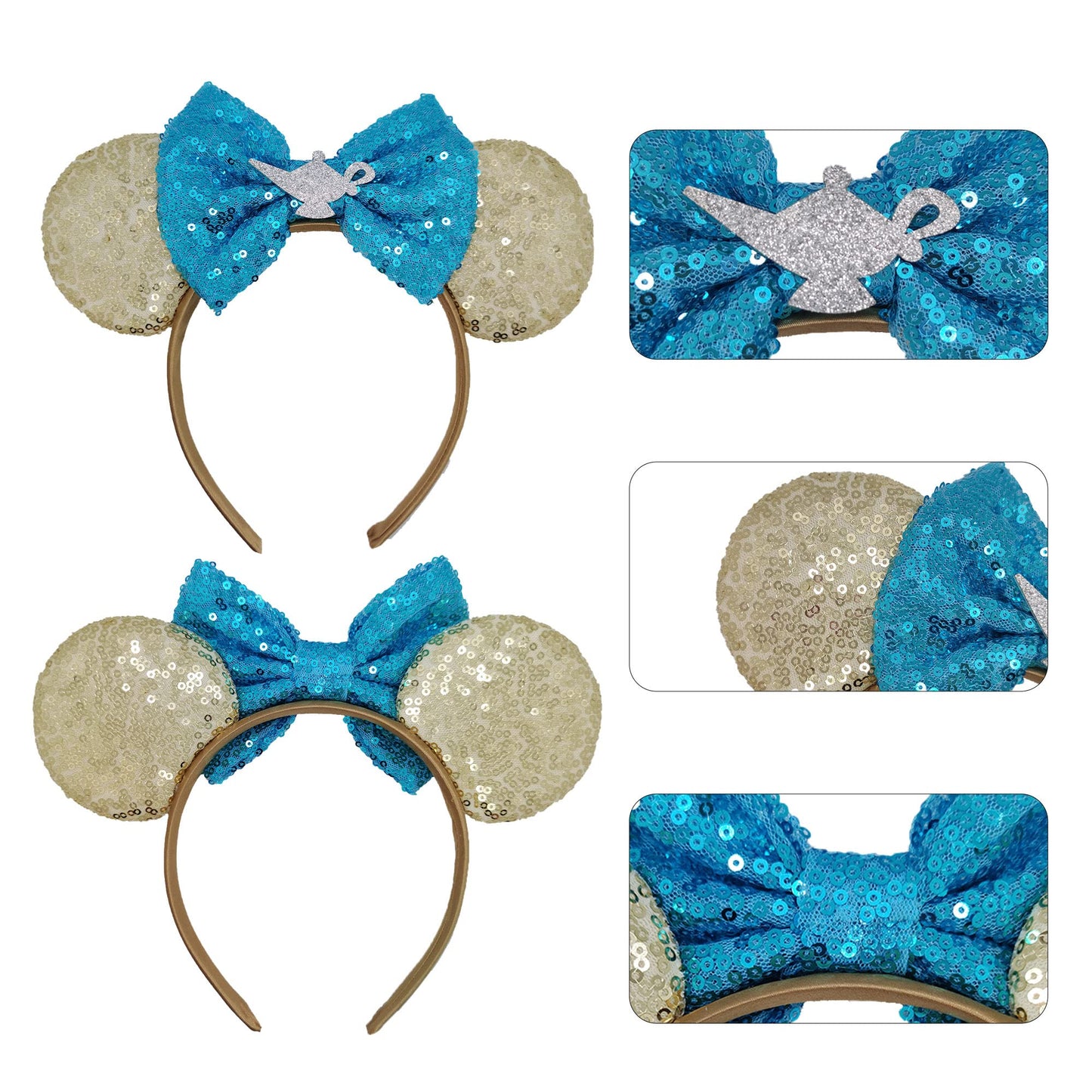 Mado Jasmine Mouse Ears Headband, Gold Blue - Women Girls Costume Headwear, Princess Dress Accessories For Party Favors, Casual