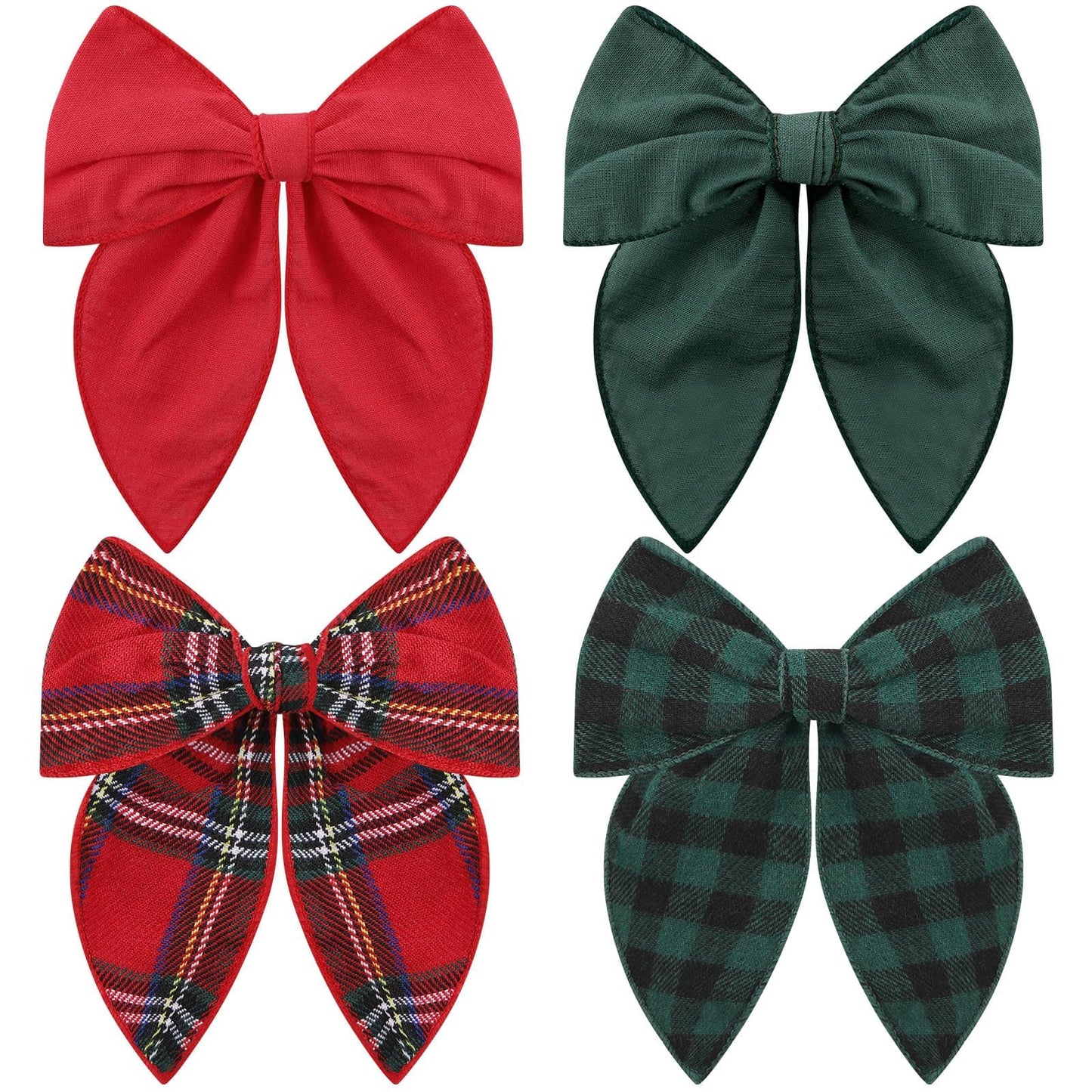 Large Christmas Hair Bows, 4 Pcs Red Green Plaid Fable Hair Bows Cotton Christmas Hair Accessories for Girls Toddler Kids