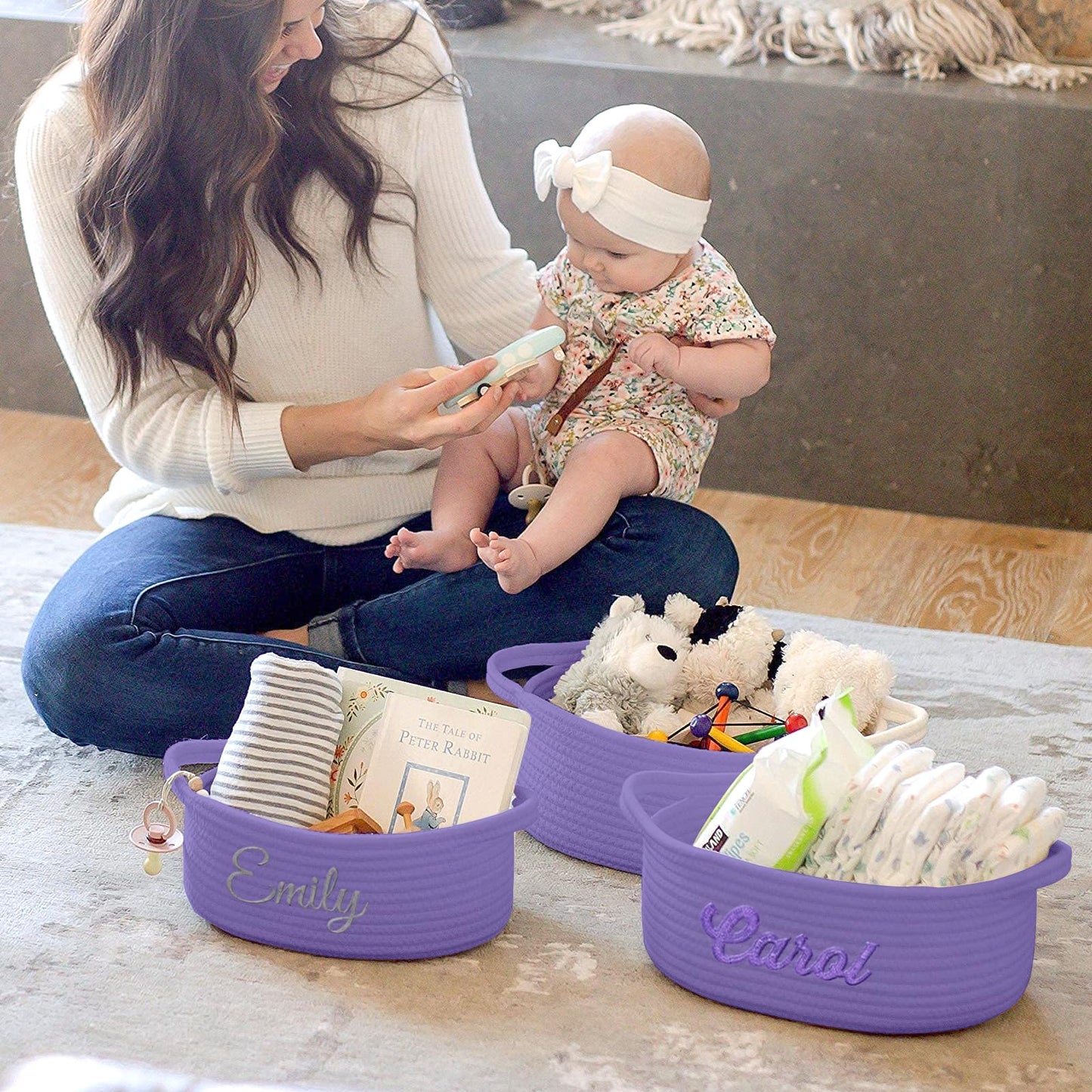 Hutario Personalized Woven Easter Basket Embroidered Name With Gift Bags And Ribbons,Empty Small Rope Basket,Durable Storage Cus