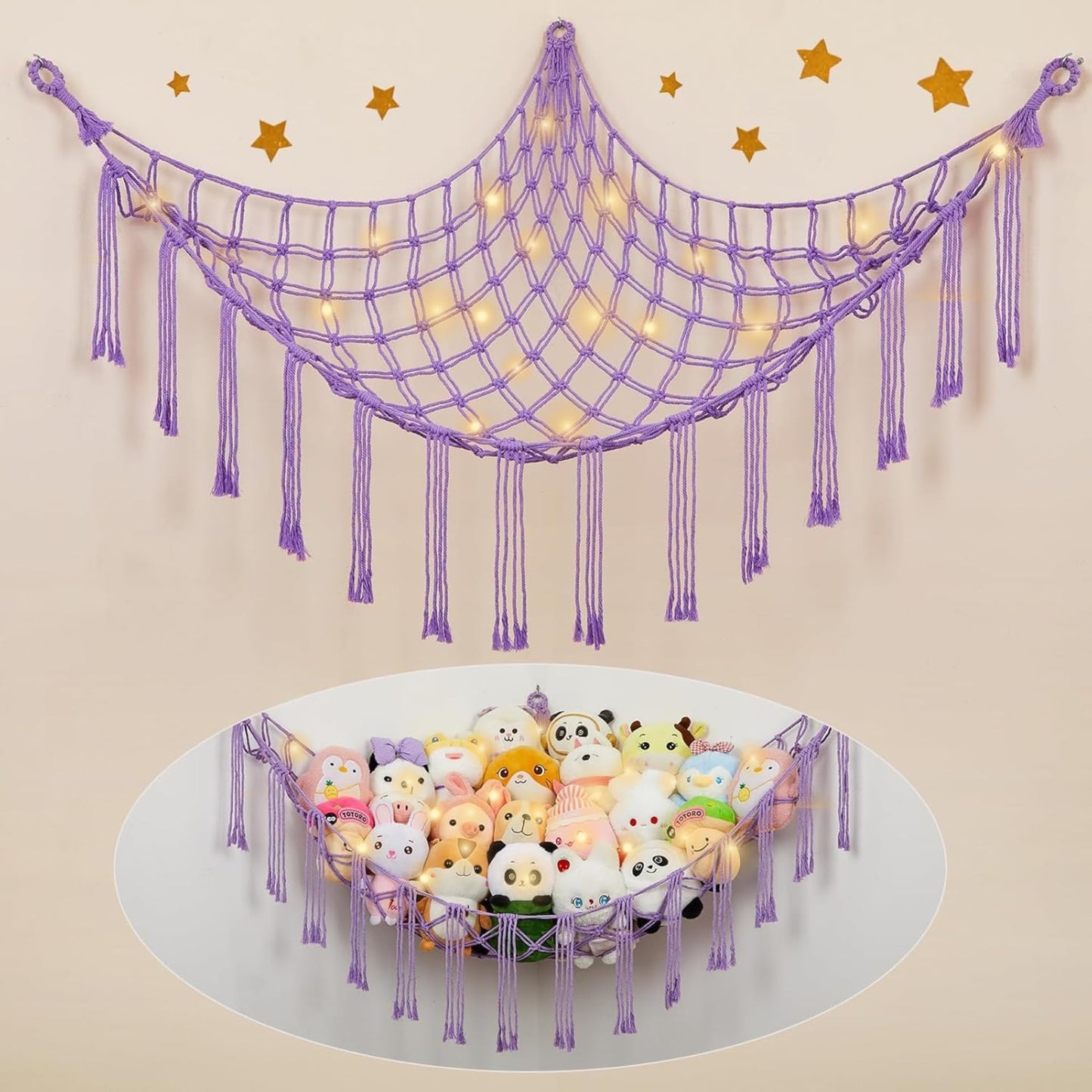 Macrame Kn0Ts Stuffed Animal Hammock Net With Fairy Lights Purple Boho Cotton Wall Hanging Toy Storage Organizer For Nursery,