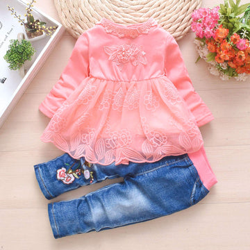 Peacolate 6M-4Years Spring Fall Baby Girls Clothing Set 3Pcs Long Sleeve Dress Denim Jacket And Jeans(Pink,3-4Years)