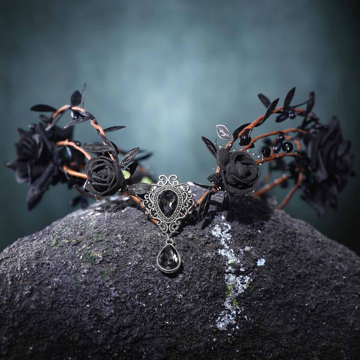 Renaissance Black Fairy Flower Crown - Handmade Elf Floral Headpiece With Crystal Gothic Elven Headpiece Woodland Tiara For Wome